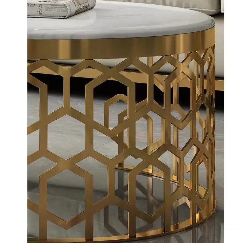 Living Room Furniture Modern Design Luxury Coffee Table Hollow Golden Stainless Steel Base + White Faux Marble Top - Image 5
