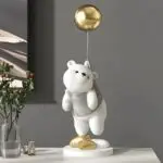 Teddy Bear Holding Balloon Table Decor: A Modern Chrome and White Resin Art Piece for Elegant Home Styling
