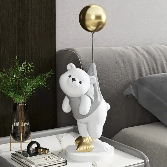 Teddy Bear Holding Balloon Table Decor: A Modern Chrome and White Resin Art Piece for Elegant Home Styling - Image 3