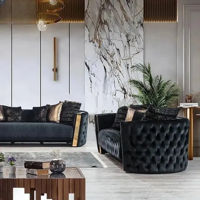 Rodrick Sofa: Luxurious 5-Seater Velvet Accent Sofa in Black | Premium Button-Tufted Upholstery & Stainless Steel Detailing - Image 5