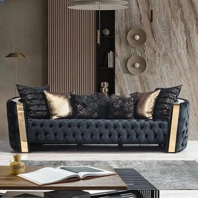 1000045783.jpg Rodrick Sofa: Luxurious 5-Seater Velvet Accent Sofa in Black | Premium Button-Tufted Upholstery & Stainless Steel Detailing - Image 1