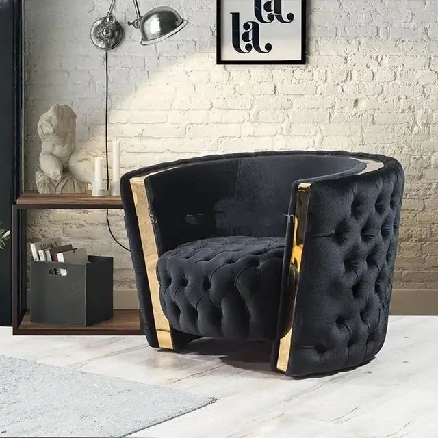 Rodrick Sofa: Luxurious 5-Seater Velvet Accent Sofa in Black | Premium Button-Tufted Upholstery & Stainless Steel Detailing - Image 3
