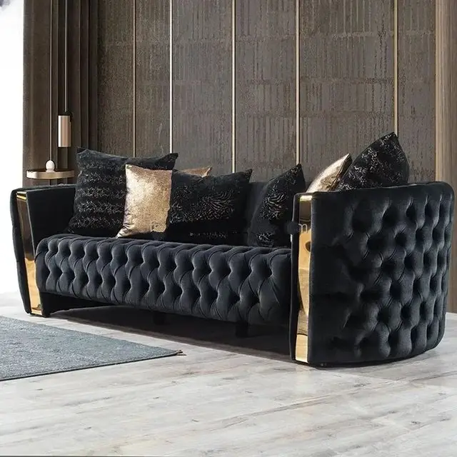 Rodrick Sofa: Luxurious 5-Seater Velvet Accent Sofa in Black | Premium Button-Tufted Upholstery & Stainless Steel Detailing - Image 6