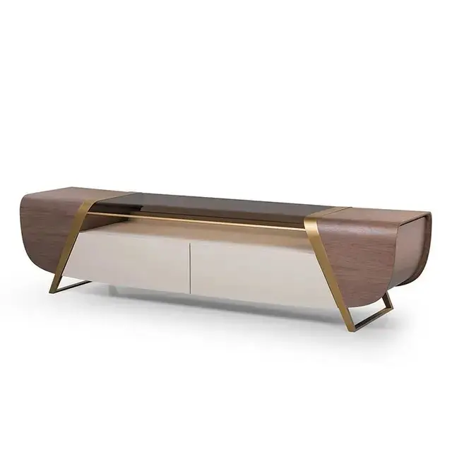 DecorInterior TV Cabinet Stainless Steel Golden Leg + Glass Top - Image 2