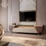 DecorInterior TV Cabinet Stainless Steel Golden Leg + Glass Top