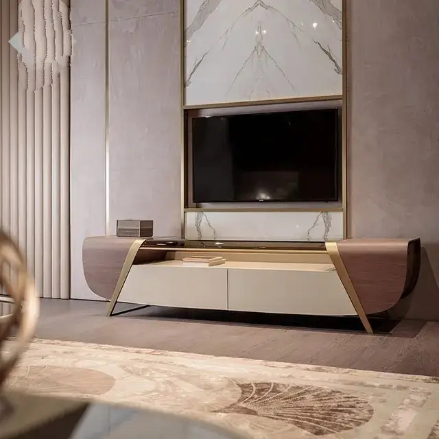 DecorInterior TV Cabinet Stainless Steel Golden Leg + Glass Top - Image 1