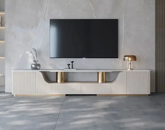 Alder Gris TV Cabinet Stainless Steel Golden Leg + Faux Marble Top - Image 2