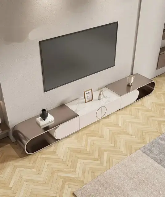 Lumia TV Cabinet Stainless Steel Golden Leg + Faux Marble Top - Image 2