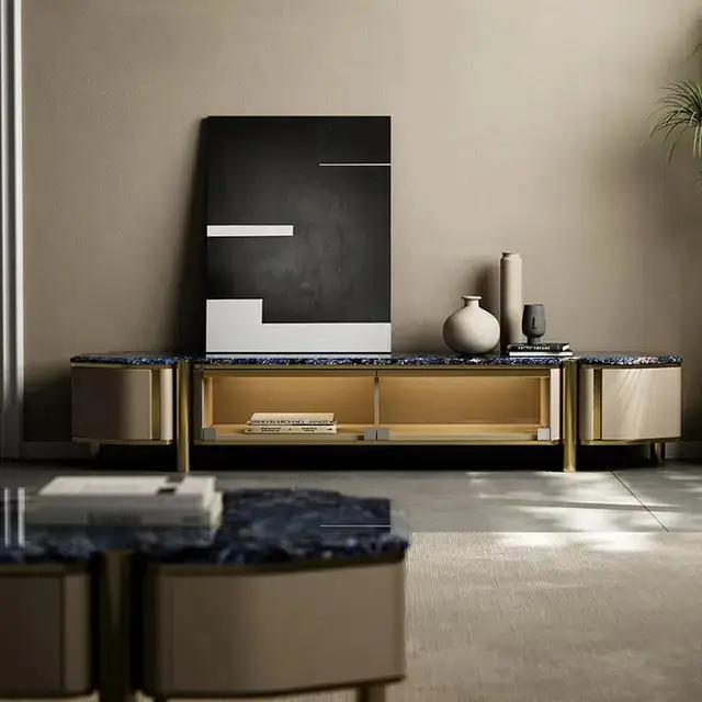 Sonet TV Cabinet Stainless Steel Golden Leg + Faux Marble Top - Image 1
