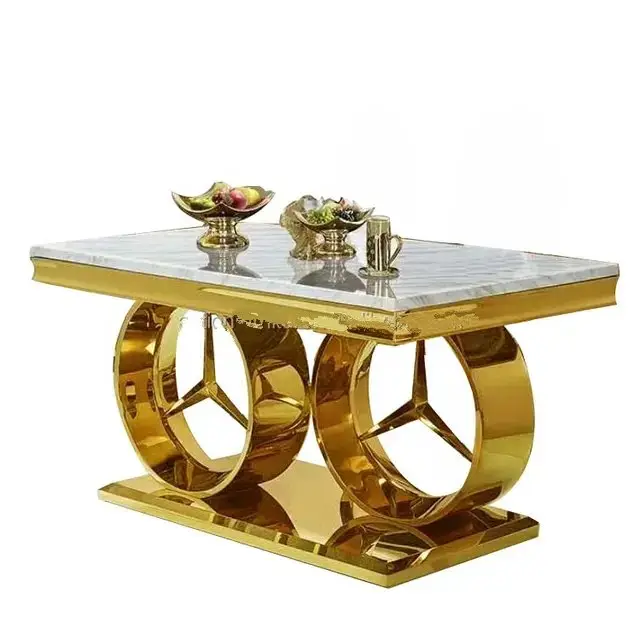 1000047923.jpg Mercedes Benz Coffee Table Simple Living Room Stainless Steel Gold PVD Base With Natural Marble Top-White - Image 1