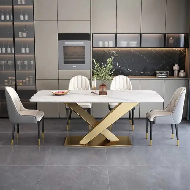 Luminarc Dining Table Stainless Steel Golden Leg + Natural Marble Top Table - Image 4