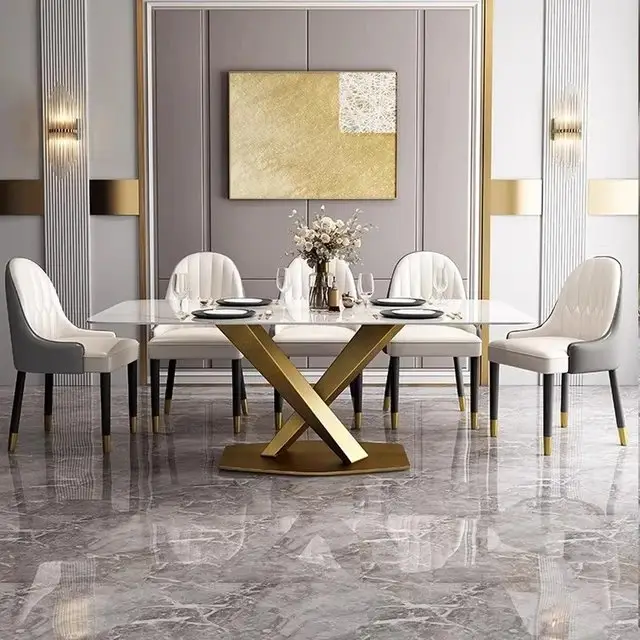Luminarc Dining Table Stainless Steel Golden Leg + Natural Marble Top Table - Image 5