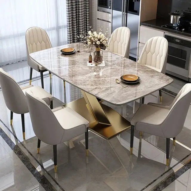 1000049166.jpg Luminarc Dining Table Stainless Steel Golden Leg + Natural Marble Top Table - Image 1