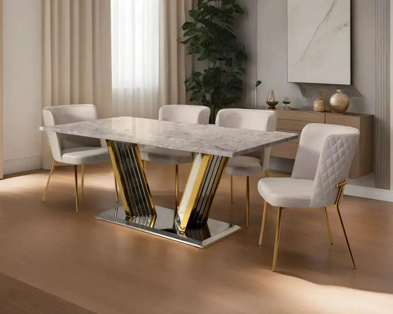 1000049441.jpg Ray Dining Table Stainless Steel Golden Leg + Natural Marble Top Table with 6 chairs set - Image 1