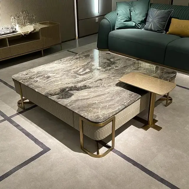 1000049580.jpg Cartier Luxe Modern Minimalist Coffee Table Set with Marble Top and Gold Finish - Image 1