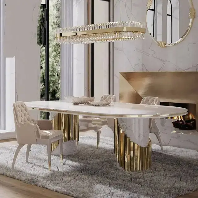 1000049590.jpg MaxiMagnificent Dining Table Stainless Steel and Golden Leg + Natural Marble Top Table - Image 1
