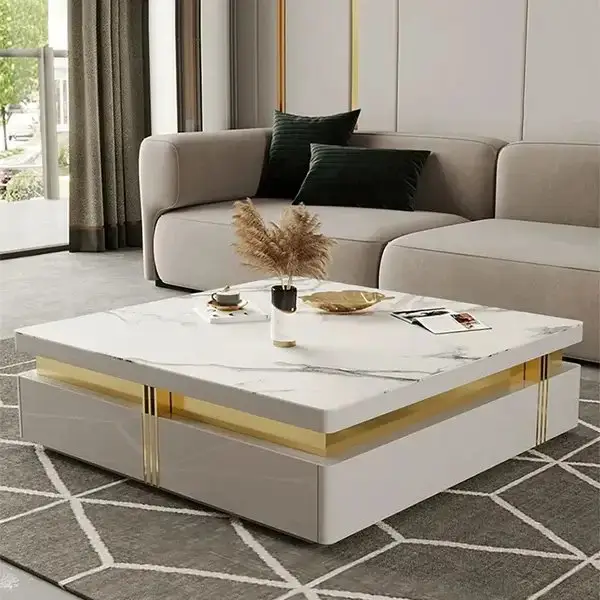 Terri Gold-Trimmed Modern Coffee Table – Elegant Centerpiece in White or Black - Image 1