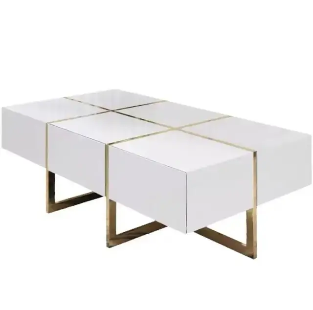 Topaz Stainless Steel Golden Leg + Veneere Top Coffee Table White - Image 2