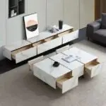 Merissa TV Cabinet Stainless Steel Golden Leg + Faux Marble Top - Image 4