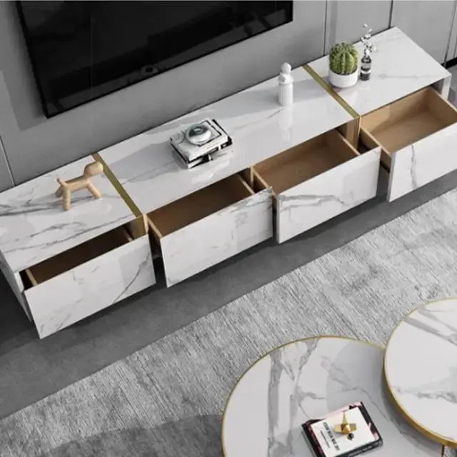 Merissa TV Cabinet Stainless Steel Golden Leg + Faux Marble Top - Image 7