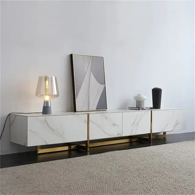 Merissa TV Cabinet Stainless Steel Golden Leg + Faux Marble Top - Image 2