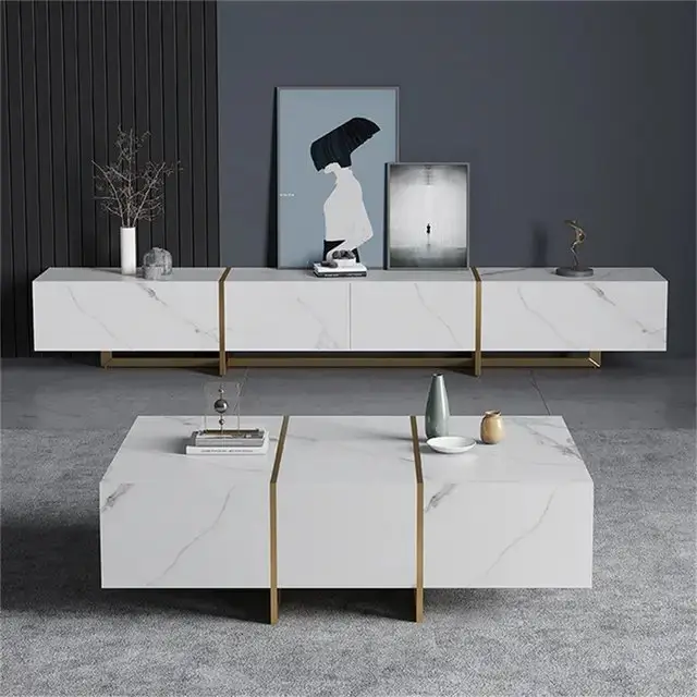 Merissa TV Cabinet Stainless Steel Golden Leg + Faux Marble Top - Image 3