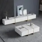 Merissa TV Cabinet Stainless Steel Golden Leg + Faux Marble Top - Image 8
