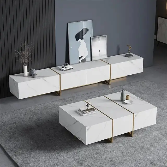 Merissa TV Cabinet Stainless Steel Golden Leg + Faux Marble Top - Image 8