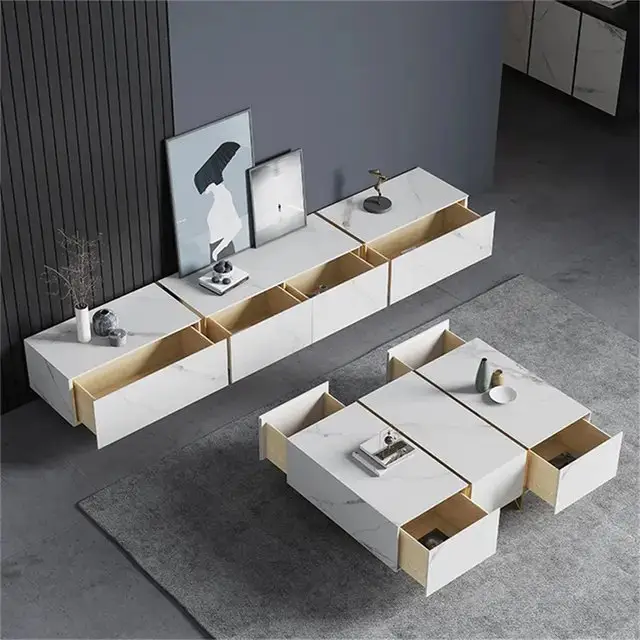 Merissa TV Cabinet Stainless Steel Golden Leg + Faux Marble Top - Image 5