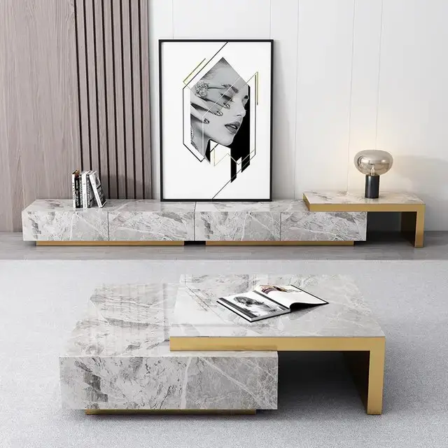 Tasaki Gold and Marble Coffee Table Elegant Living Room | Stainless Steel Gold Base Centerpiece - Image 4
