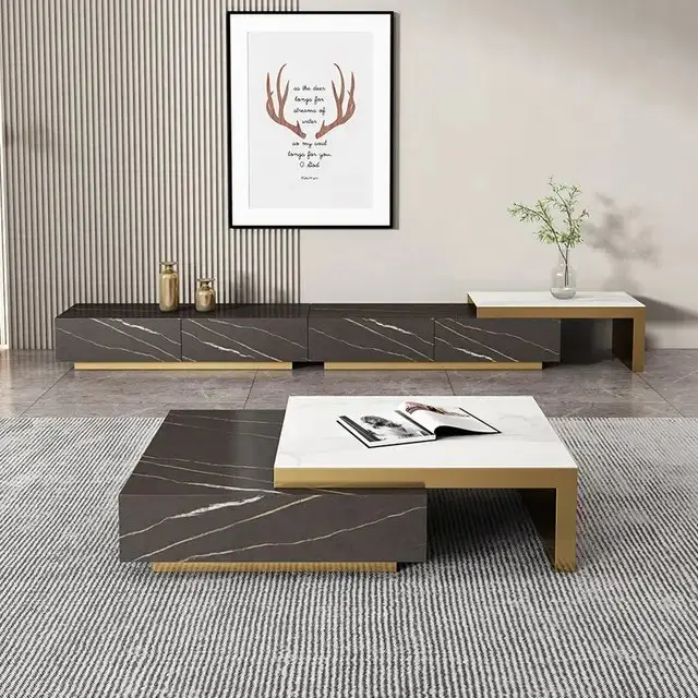 Tasaki Gold and Marble Coffee Table Elegant Living Room | Stainless Steel Gold Base Centerpiece - Image 2