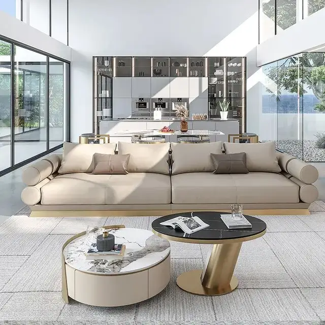 Niwaka Contemporary Marble Coffee Table Set with Brushed Gold Accents - Image 4