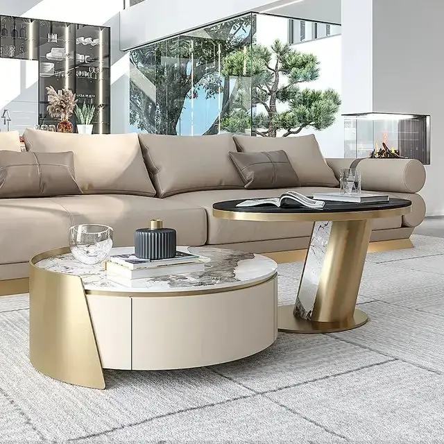Niwaka Contemporary Marble Coffee Table Set with Brushed Gold Accents - Image 6