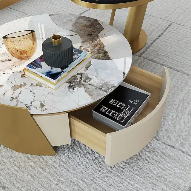 Niwaka Contemporary Marble Coffee Table Set with Brushed Gold Accents - Image 3