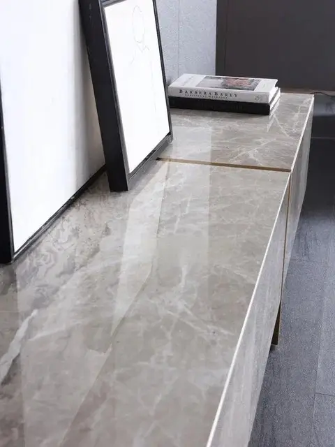 Merissa TV Cabinet Stainless Steel Golden Leg + Faux Marble Top - Image 9