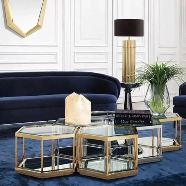 Doris High quality set of 4 coffee table stainless steel frame glass top - Image 5