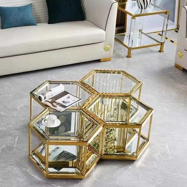 Doris High quality set of 4 coffee table stainless steel frame glass top - Image 2