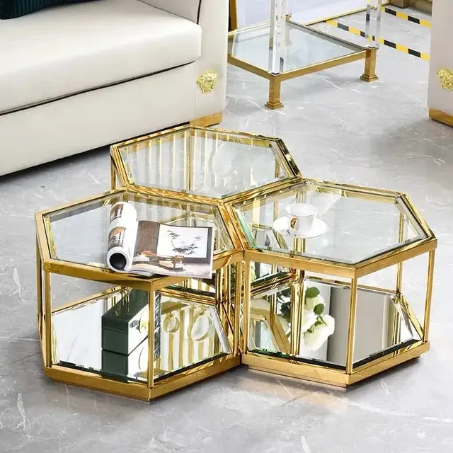 Doris High quality set of 4 coffee table stainless steel frame glass top - Image 3