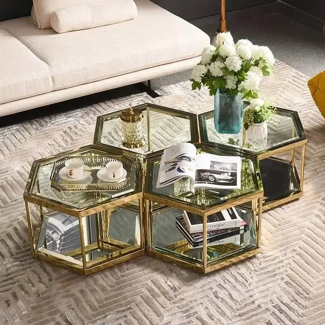 1000052350.jpg Doris High quality set of 4 coffee table stainless steel frame glass top - Image 1