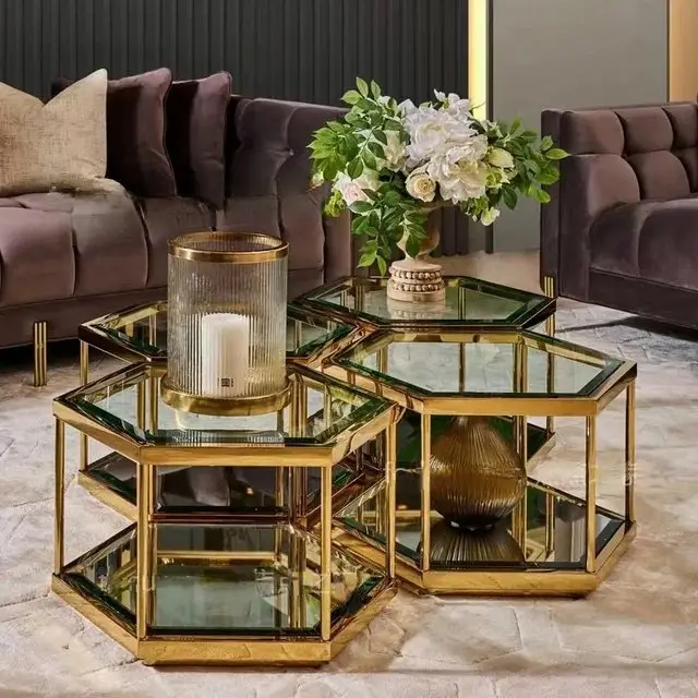 Doris High quality set of 4 coffee table stainless steel frame glass top - Image 6