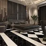 Chorus Premium Velvet Upholstered Bed and pair of bedside tables for villa