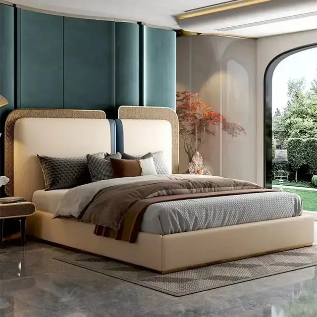 Bellagio Contemporary Leatherette Upholstered Bed and pair of bedside tables - Image 1