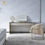 Modern luxury Champagne Gold Metal and Cream Leatherette Dining Chairs - Image 6