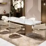 Modern luxury Champagne Gold Metal and Cream Leatherette Dining Chairs - Image 2