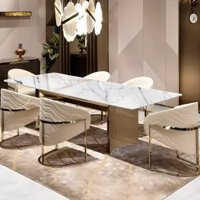 Modern luxury Champagne Gold Metal and Cream Leatherette Dining Chairs - Image 2