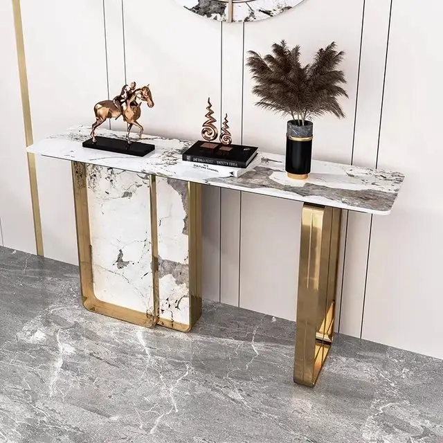 Sleek Gold Elegance: Modern Stainless Steel and Stone Console Table - Image 7
