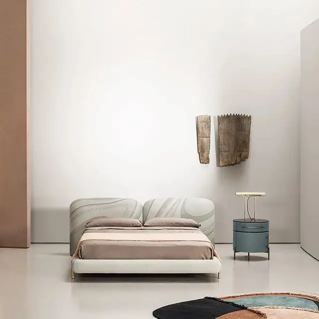 Miraj Beige Contemporary Minimalist style Velvet Upholstered King Size Bed Low Profile - Image 5