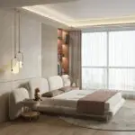 Miraj Beige Contemporary Minimalist style Velvet Upholstered King Size Bed Low Profile - Image 3