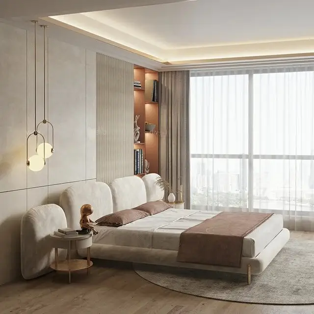 Miraj Beige Contemporary Minimalist style Velvet Upholstered King Size Bed Low Profile - Image 3