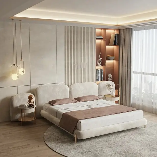 Miraj Beige Contemporary Minimalist style Velvet Upholstered King Size Bed Low Profile - Image 2